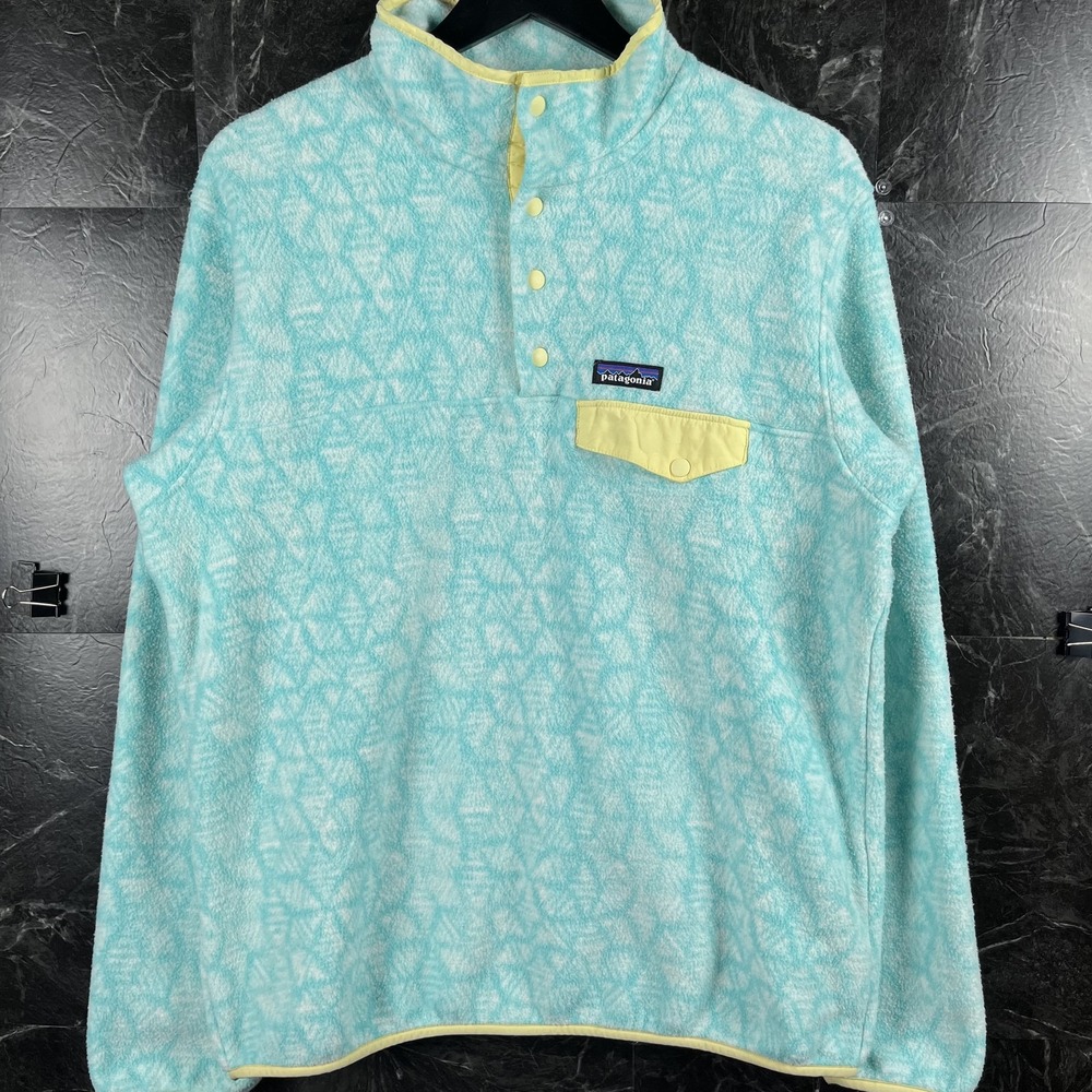 Patagonia Women's Blue Synchilla Snap Geometric Fleece Sweatshirt XL -Flaws